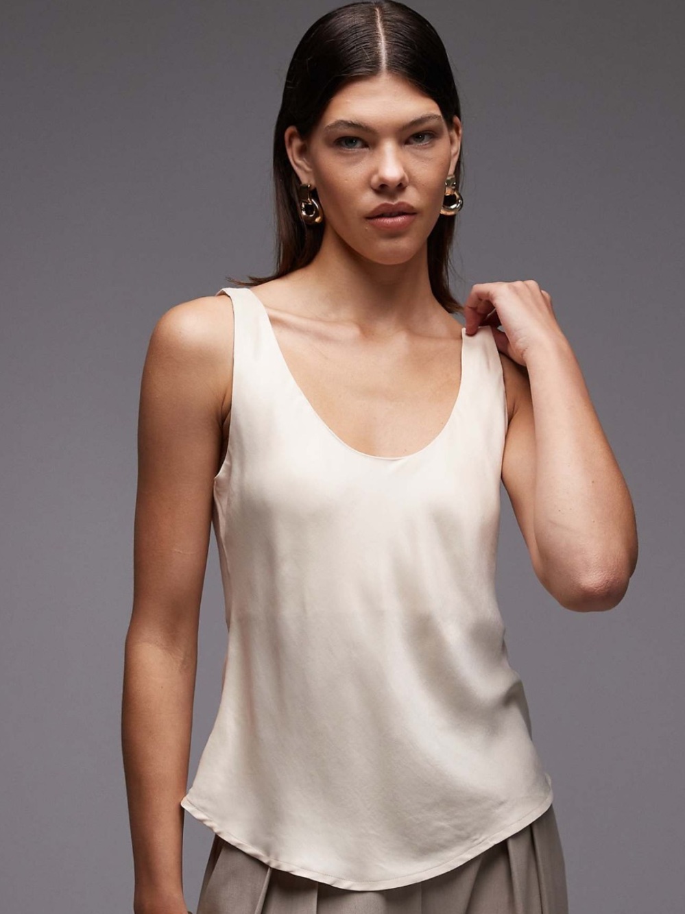 ASOS Satin Scoop Neck Tank Top in Stone/champagne